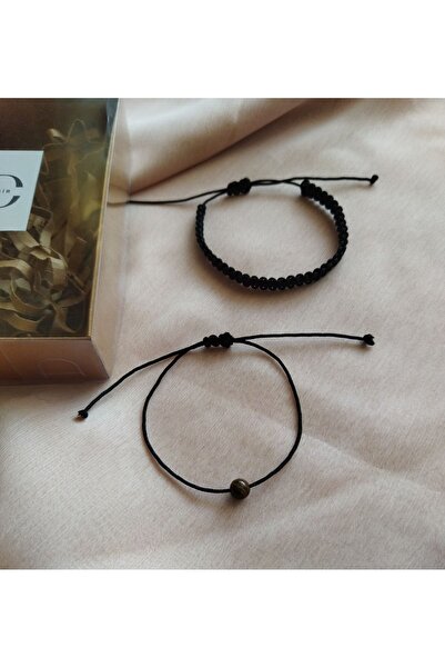 derokas مجموعة أساور محبوكة بحبل عين النمر الأسود ومكرمية مكونة من قطعتين