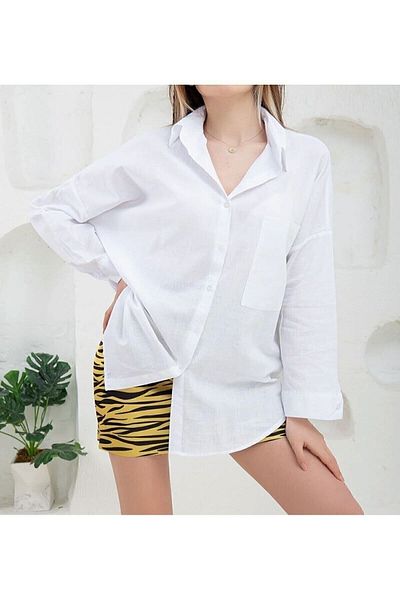 HC Boutique Cămașă oversize din in - Buzunar mare unic, model nou