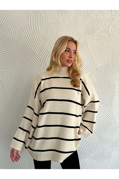 Bengi Clothing Pulover de damă, cu mânecă lungă, cu guler vertical, tricotaj supradimensionat