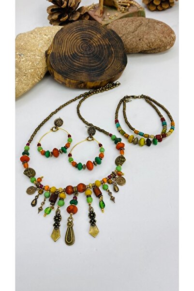Porsuk Alternatif El Yapımı Etnik Otantik Hippi Bohem Kolye Küpe Bileklik Set