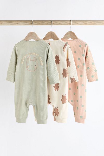 Next Baby Green Rabbit Patterned 100% Cotton 3-Piece Jumpsuit Set - Sage