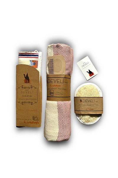 Develi Pink Bamboo Cotton Beach and Bathroom Pestemal Set