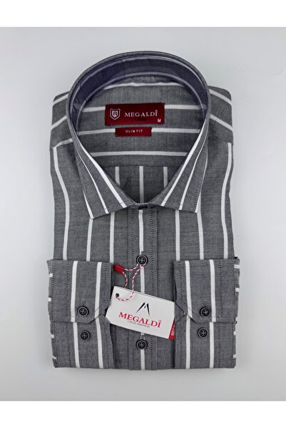 MEGALDİ Erkek Slim Fit Kesim Siyah Beyaz Çizgili Uzun Kollu Gömlek