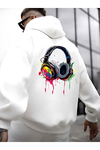 BEETON White Printed Oversize Hooded Hoodie - Headphone Design, 3 Thread Thick Winter Sweatshirt