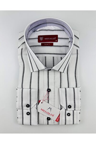 MEGALDİ Erkek Slim Fit Kesim Beyaz Siyah Çizgili Uzun Kollu Gömlek