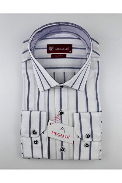 MEGALDİ Erkek Slim Fit Kesim Beyaz Lacivert Çizgili Uzun Kollu Gömlek