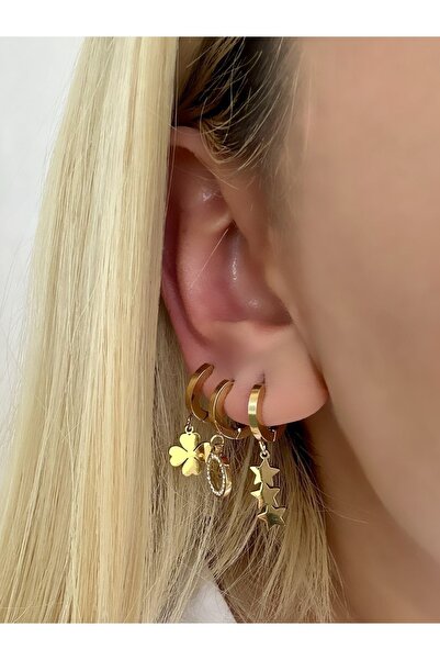 Hicrans Takı 6’lı Set Yıldız Yonca Karışık Model Gold Çelik Küpe