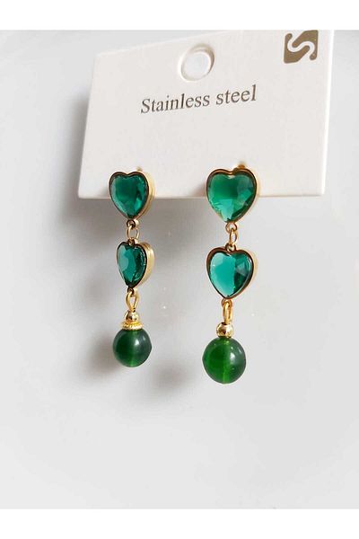 DEVİ fashion Steel Green Zircon Stone Heart Earrings