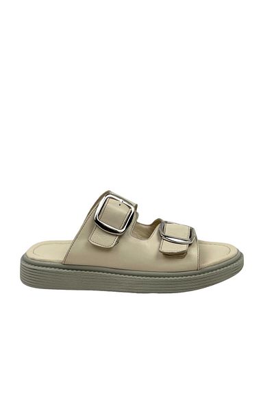 bescobel Beige Women's Slippers - Shiny Genuine Leather, Double Buckle