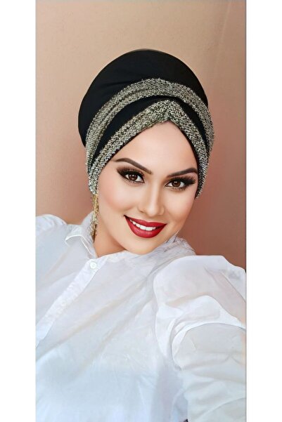 Polikromi Kadın Siyah Renk  Büzgü Bant Modelli Hazır Türban Tesettür Bone Eşarp Şal