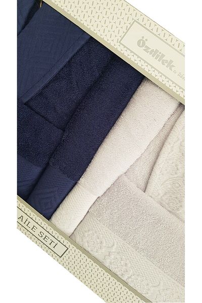 Özdilek Azura Family Bathrobe Set - Navy Blue and Light Gray