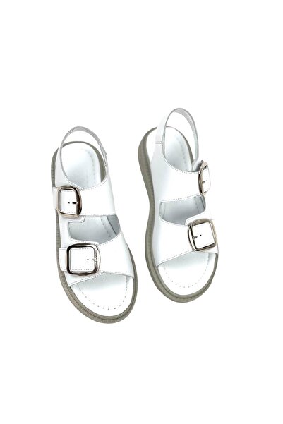 bescobel White Genuine Leather Women's Sandals - Double Buckle