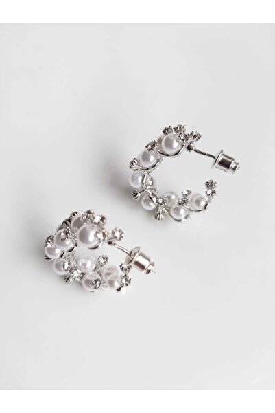DEVİ fashion Kristal Taşlı Ve İncili Silver Renkli Halka Küpe