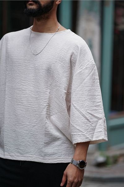 MFU collection Ανδρικό λινό μπλουζάκι με μανίκια Oversize
