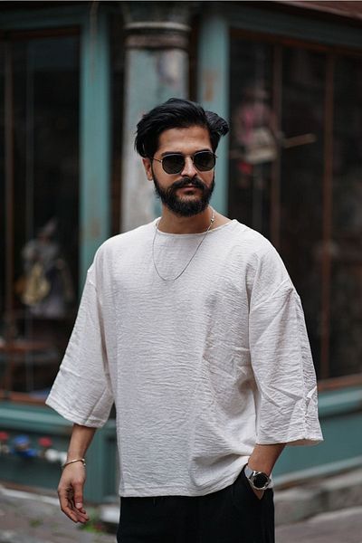 MFU collection Ανδρικό λινό μπλουζάκι με μανίκια Oversize