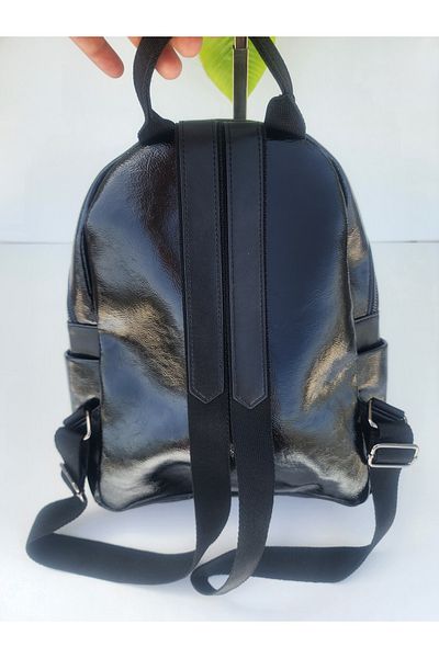 OUEEN ELİZABETH Black Patent Leather Large Size Women's Backpack with 7 Compartments