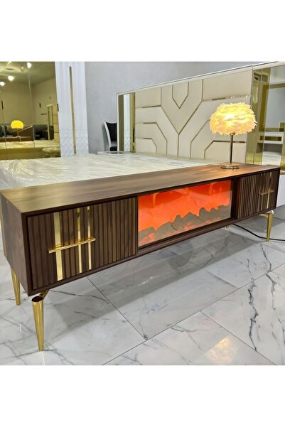 NUR AHŞAP CEVİZ ŞÖMİNELİ BLUETOOTHLU MÜZİK ÇALAR TV ÜNİTESİ 170*42*55