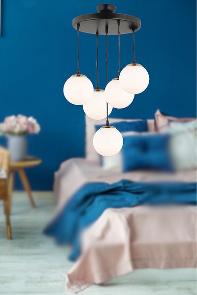 SONSUZ AYDINLATMA&AVİZE Black Infinite Pendant Tray - 5-Piece White Globe Ball, Glass Downward Facing Luxury Chandelier