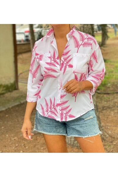 PHUTİ COLLECTION قميص بوبلين بنمط النخيل