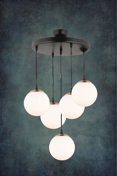 SONSUZ AYDINLATMA&AVİZE Black Infinite Pendant Tray - 5-Piece White Globe Ball, Glass Downward Facing Luxury Chandelier