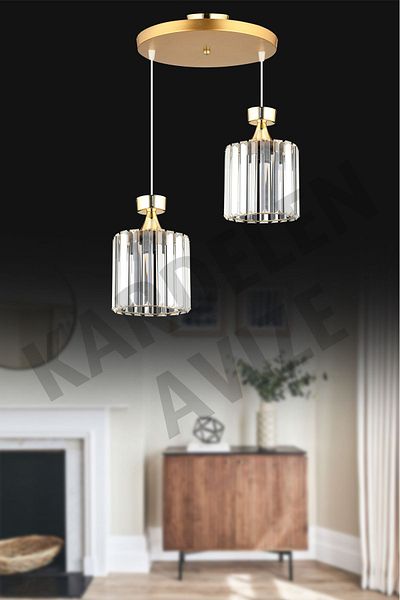 SONSUZ AYDINLATMA&AVİZE Luxury Chandelier - Gold 2-Piece Pendant Lamp with Crystal and Stone Downward Facing