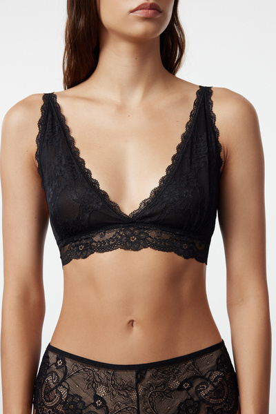Trendyol Collection Μαύρο δαντελένιο πλεκτό σουτιέν χωρίς επένδυση με χοντρά λουράκια THMAW23SU00107