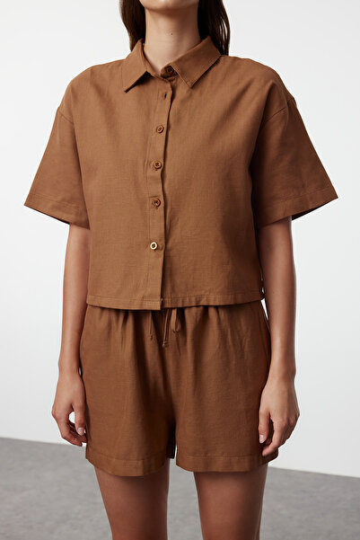 Trendyol Collection Vászon szőtt ing és rövidnadrág szett - barna TBESS24AU00054