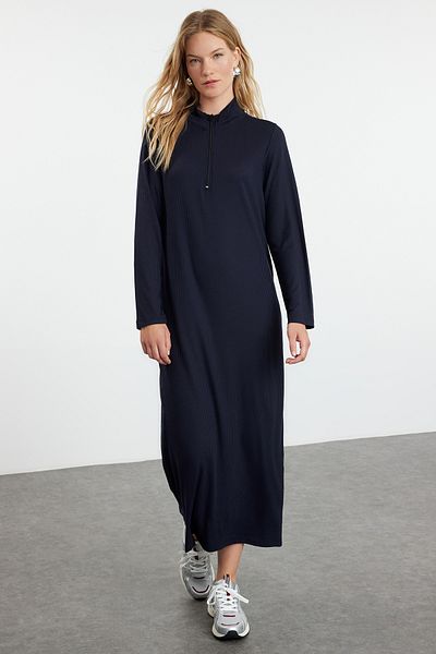 Trendyol Modest Πλεκτό φόρεμα με φερμουάρ σε μπλε ναυτικό γιακά TCTSS24EB00219