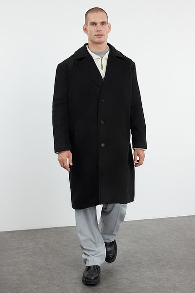 Trendyol Collection Übergroßer Wintermantel mit Prägung für Herren - Wollmischung Schwarz TMNAW25KB00004