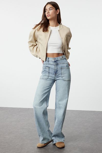 Trendyol Collection Blugi cu talie înaltă cu buzunar albastru TWOAW25JE00016
