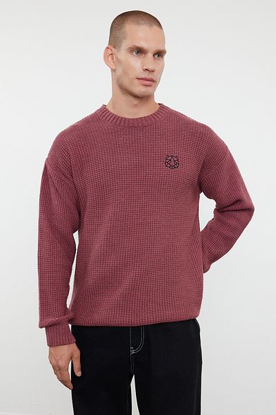 Trendyol Collection Pulover pentru bărbați Dusty Rose Crewneck - oversize, texturat TMNAW24KZ00032