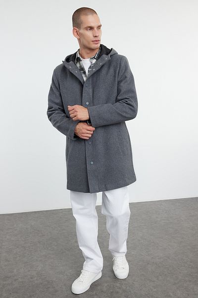 Trendyol Collection Anthrazit Herren Wintermantel aus Wollmischung mit Kapuze und Kachet-Wintermantel TMNAW25KB00001