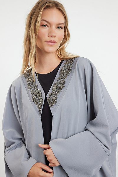Trendyol Modest Gray Embroidered Woven - Cap, Ferace and Abaya TCTSS24KF00044