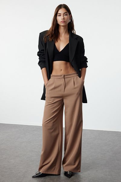 Trendyol Collection Plisované kalhoty se širokými nohavicemi v norkové barvě - TWOSS21PL0189