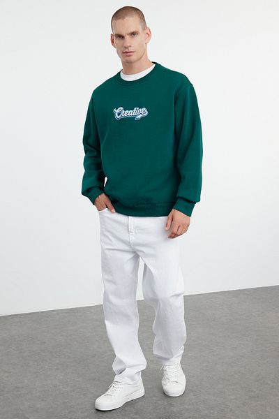 Trendyol Collection Smaragdově zelená oversize/široký střih Text vyšívaný fleece uvnitř mikina Tmnaw25Sw00087