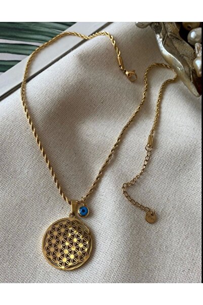 Aksesuar Gold Çelik Nazar Yaşam Çiçeği Kolye