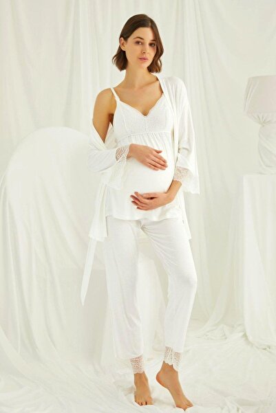 MONAMİSE 18433489 Kadın Ekru Hamile Lohusa Seti Sabahlık Gecelik Pijama Takım