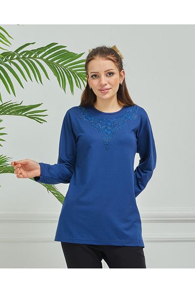 Stilmony Women's Mother Indigo Embroidered Casual Middle Age Combed Cotton Blouse