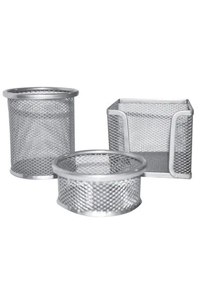 Temat 3 Piece Metal Perforated Silver Table Set - Paper Clip, Paper Holder and Pen Holder