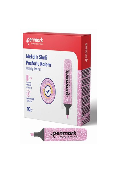 penmark Metallic Glitter Gülpembe Highlighter - 1-5 mm Cut Tip Marking Set (Pack of 10)