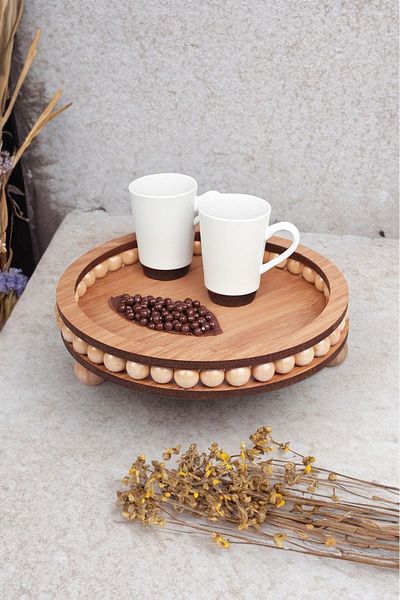 Akkoyunlu home Sezka Life 25 cm Round Wooden Beaded Small Decorative Tray - Bathroom, Home, Decor