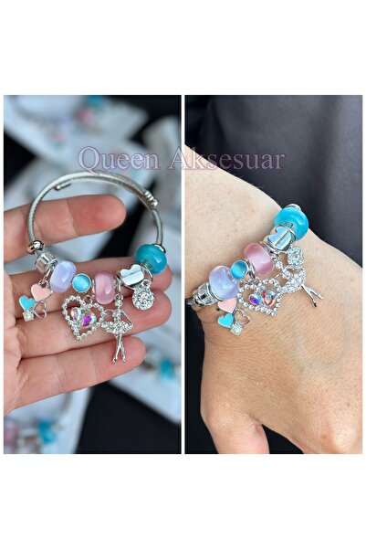 Queen Nelly kararmaz çelik model taşlı balerin kalp cam boncuk charm süslü bi...