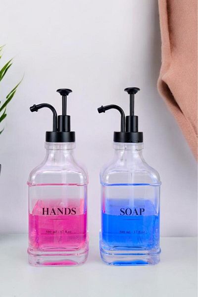 Digithome Black Detergent Bottle with Stopper Soap Dispenser Set of 2 - Glass Liquid, Lotion Label, 500 ml - F/12