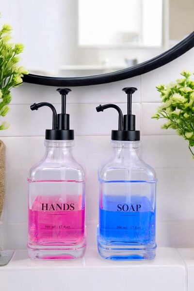 Digithome Black Detergent Bottle with Stopper Soap Dispenser Set of 2 - Glass Liquid, Lotion Label, 500 ml - F/12