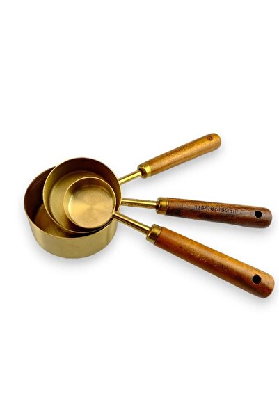 Digithome 3-Piece Steel Measuring Set with Wooden Handle - Coffee and Tea Container 125ml, 60ml and 15ml Gold C1-