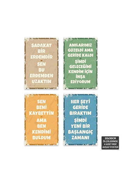 Dekolera PS1127 - Türkçe Retro Mdf Ahşap Poster Set (4 Adet - 20x30cm)