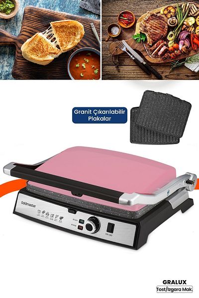 GOLDMASTER Gralux Pink Stainless Steel 2000 Watt Granite Removable Plate Toaster and Grill Machine
