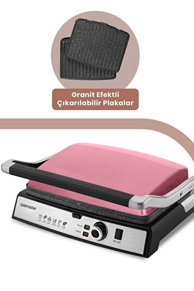GOLDMASTER Gralux Pembe Paslanmaz Çelik 2000 Watt Granit Çıkarılabilir Plakalı Tost Ve Izgara Makinesi