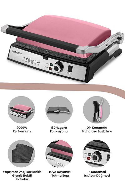 GOLDMASTER Gralux Pink Stainless Steel 2000 Watt Granite Removable Plate Toaster and Grill Machine
