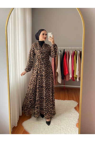 Nissra Leopard Print Double Breasted Collar Chiffon Dress